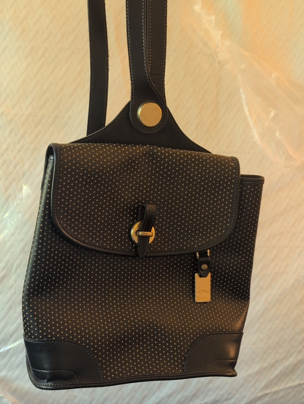 Dooney & Bourke Black Polka Dot Backpack with Gold Hardware